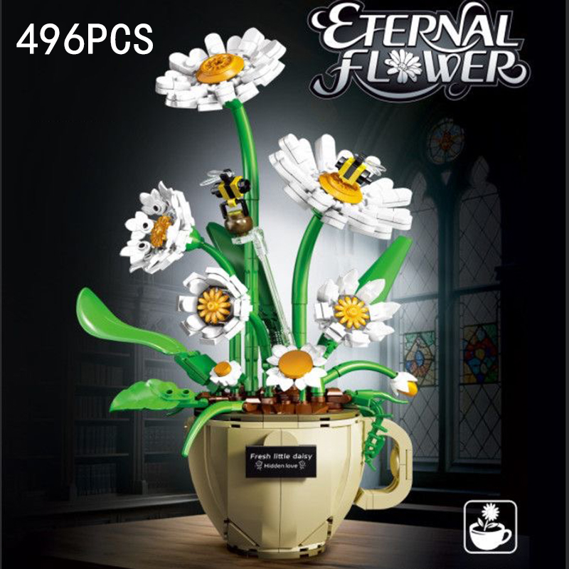 Terracotta Pot - MOC ถ้วยกาแฟดอกไม้บล็อกตัวต่อกระถางต้นไม้ช่อดอกไม้กุหลาบเดซี่ดอกไม้นิรันดร์รุ่นตกแต่งบ้านของเล่นปริศนาโรแมนติก Gif