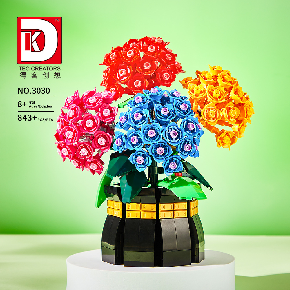 Plant Parent Yearly - ชุดตัวต่อกระเช้าดอกไฮเดรนเยียแบบปักลายใหม่ ของตกแต่งโต๊ะทำงาน ของเล่นประกอบรูปดอกไม้ในกระถาง ของขวัญวันหยุด DK3029