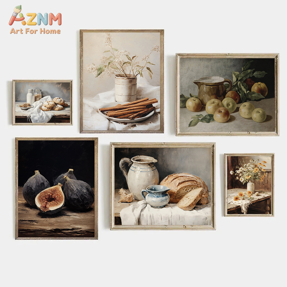 Terracotta Pot - AZNM วินเทจ นิวทรัล นิวทรัล ไลฟ์ แคนวาสพิมพ์ผลไม้ขนมปังกระถางดอกไม้ภาพวาดสีน้ำมันโบราณฟาร์มเฮาส์ครัวโปสเตอร์ติดผนังไม่มีกรอบ