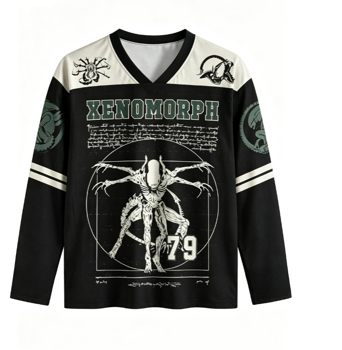 Monstera - เสื้อเชิ้ตแขนยาวคอวีผ้าตาข่ายลายซีนอนมอร์ฟวินเทจยูนิเซ็กส์ สไตล์สตรีทแวร์ลายสัตว์ประหลาดไซไฟย้อนยุค สำหรับผู้ชายและผู้หญิง